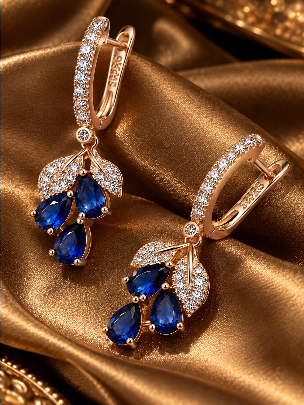Elegant Blue Teardrop Crystal Leaf Drop Earrings -rose  Gold plated